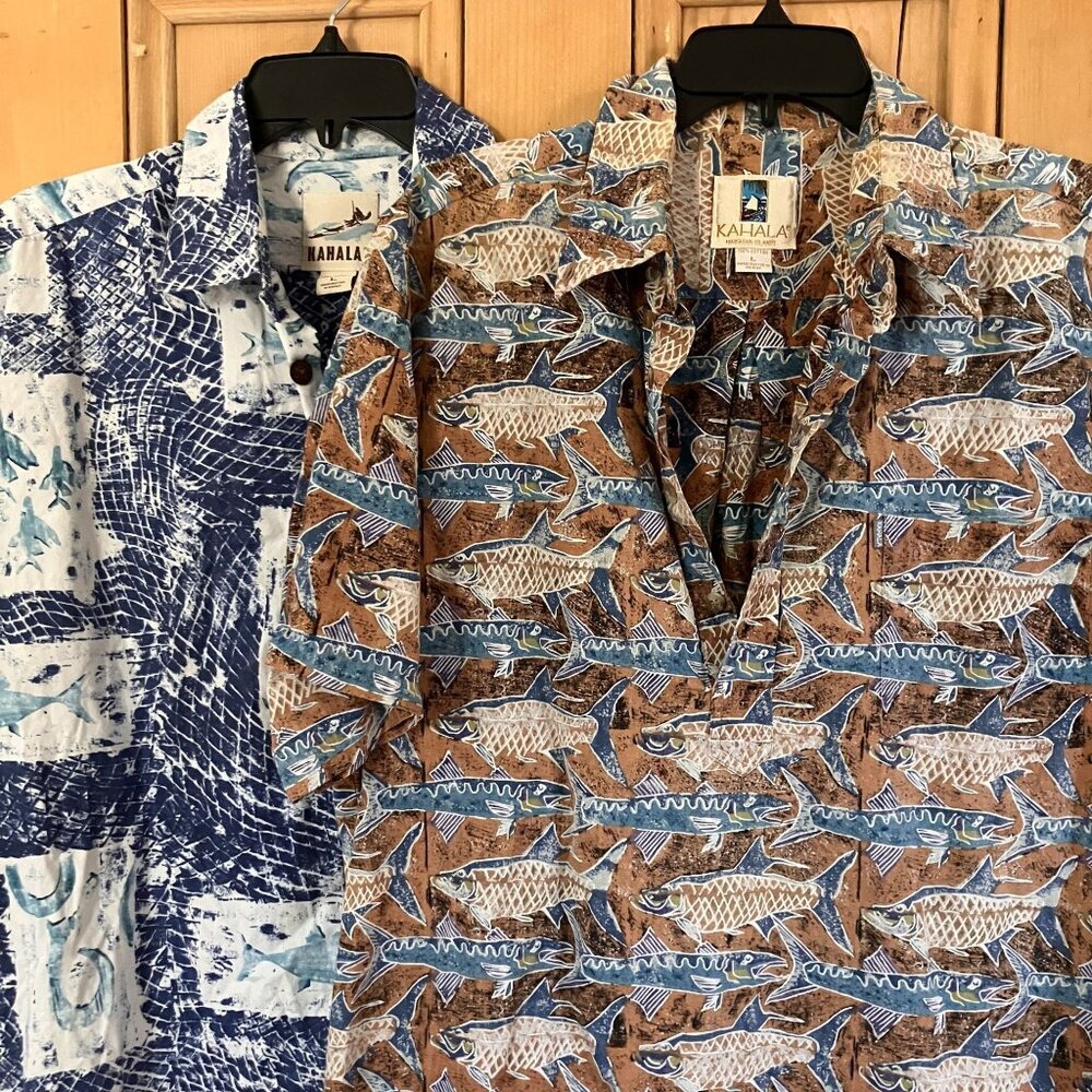 Kahala Mens (2) SET Hawaiian Fish Tropical Tribal Shirt Size Large Blue SP EXC